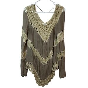 Umgee Women’s Crochet Tunic Blouse Size L Tan Cream Boho Festival Beach Artsy